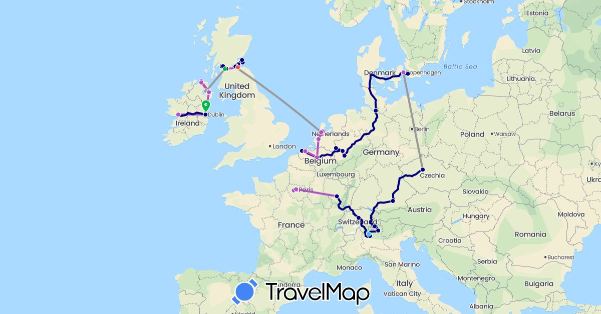 TravelMap itinerary: driving, bus, plane, train, hiking, boat in Belgium, Switzerland, Czech Republic, Germany, Denmark, France, United Kingdom, Ireland, Italy, Netherlands, Sweden (Europe)